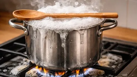 Drvena varjača položena preko lonca iz kojeg se prelijeva bijela pjena na štednjaku