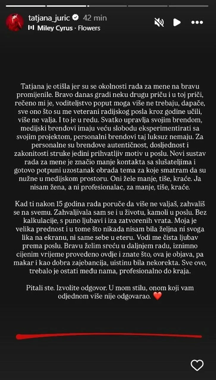 Tekstualna objava Tatjane Jurić na Instagramu u kojoj objašnjava razloge odlaska.
