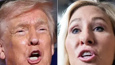 Kolaž s krupnim planovima lica Donalda Trumpa i Marjorie Taylor Greene