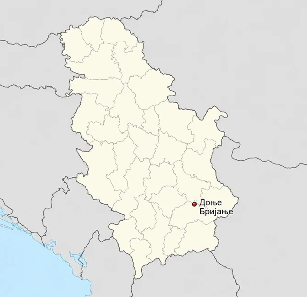 Karta Srbije s označenom lokacijom sela Donje Brijanje
