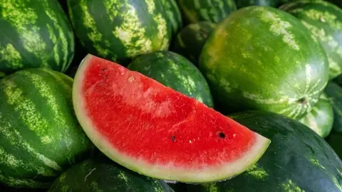 Kratka kriška zrele crvene lubenice ispred gomile cijelih plodova