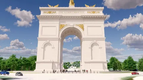 Digitalni prikaz bijelog monumentalnog slavoluka s natpisom One Nation Under God