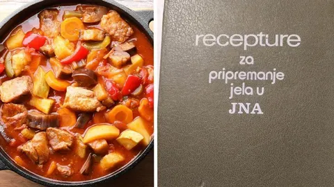 Tvrdi lonac s povrćem i mesom pored stare knjige recepata JNA