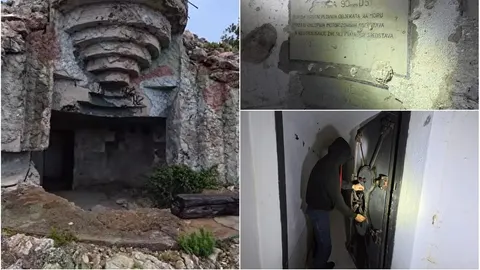 Kolaž s ulazom u betonski bunker, vojnom pločom i osobom u prolazu