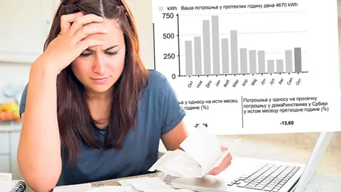 Zabrinuta žena drži račune uz grafikon potrošnje energije