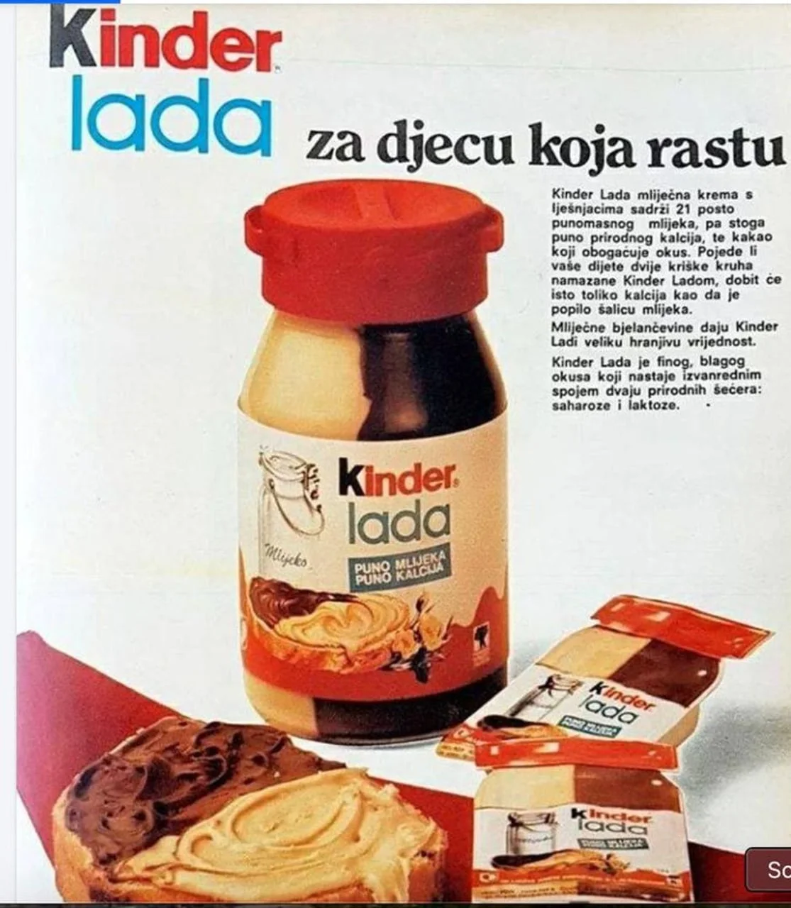 Stari reklamni plakat za mliječni namaz Kinder Lada s prikazomstaklenke i kruga