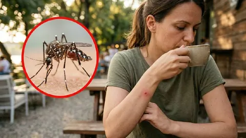 Žena s crvenim ubodom na podlaktici i kružni prikaz komarca