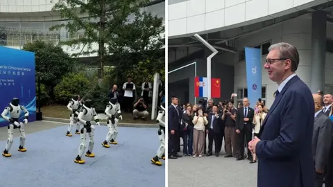 Grupa humanoidnih robota pleše pred predsjednikom Vučićem i delegacijom