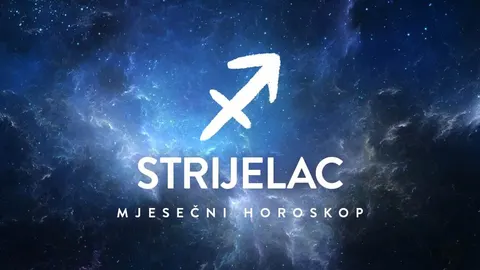 Simbol horoskopskog znaka Strijelca na pozadini svemira s natpisom Mjesečni horoskop