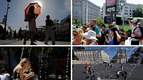 Kolaža fotografija ljudi koji se štite od jakih sunčevih zraka i vrućina u gradu