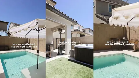 Kolaž tri fotografije malog dvorišta s bazenom, jacuzzijem i suncobranom