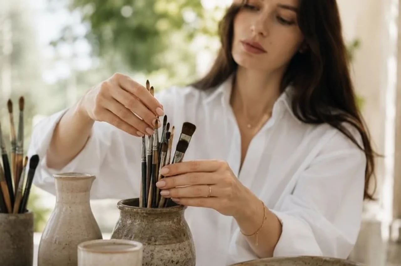 Krupni plan ruku žene koje biraju kistove za slikanje