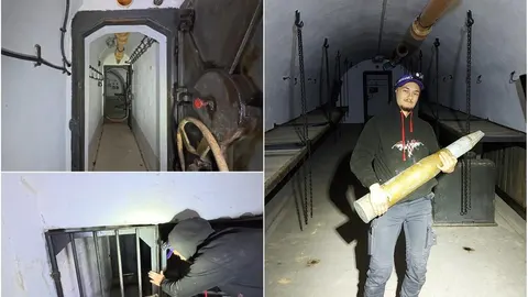 Kolaž fotografija podzemnog vojnog objekta s prolazima i osobom koja drži predmet