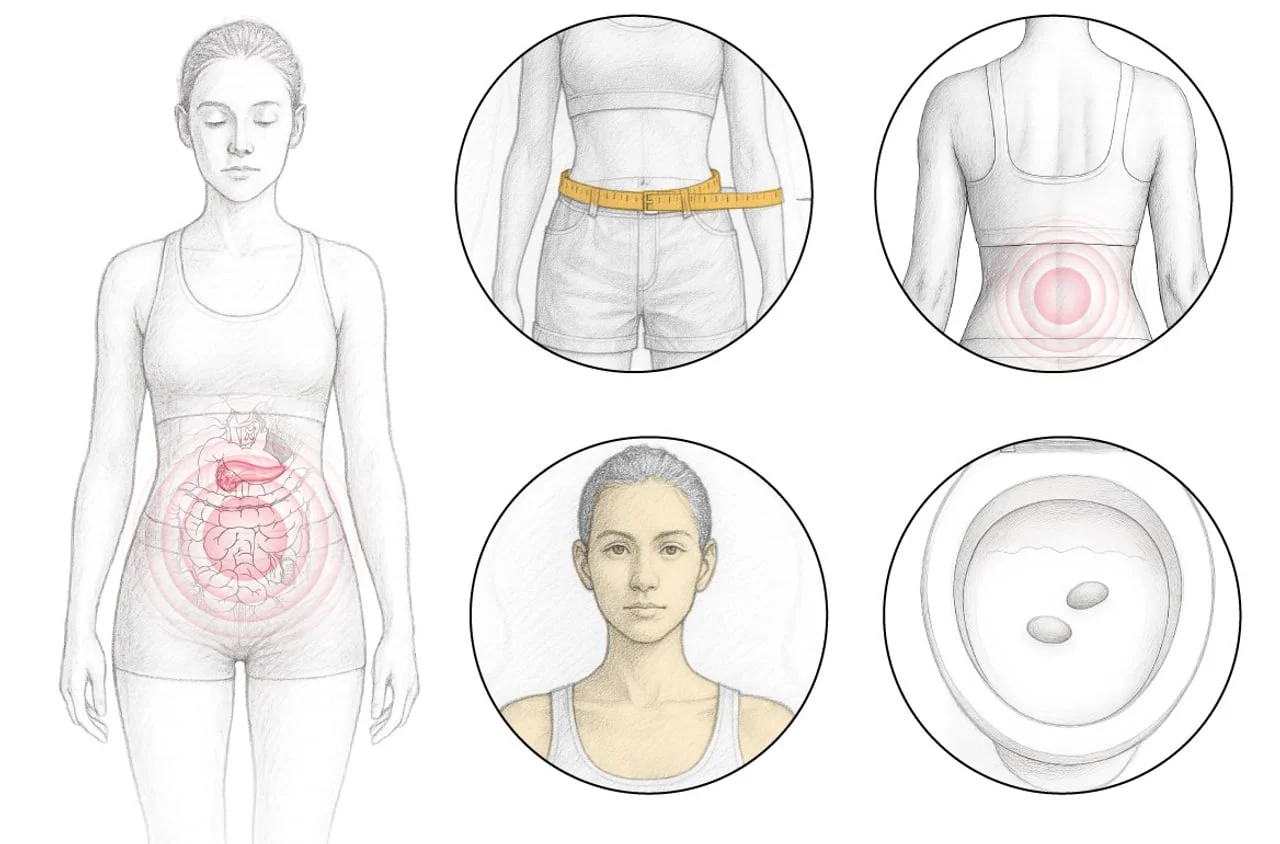 Kolaž crteža žene s prikazanim simptomima bolesti u abdominalnom području