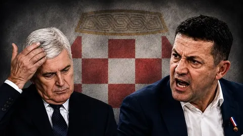 Kolaž s portretima Dragana Čovića i Zdenka Lučića ispred grba