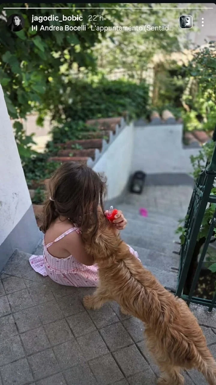 Dijete u ružičastoj haljini grli zlatnog retrivera