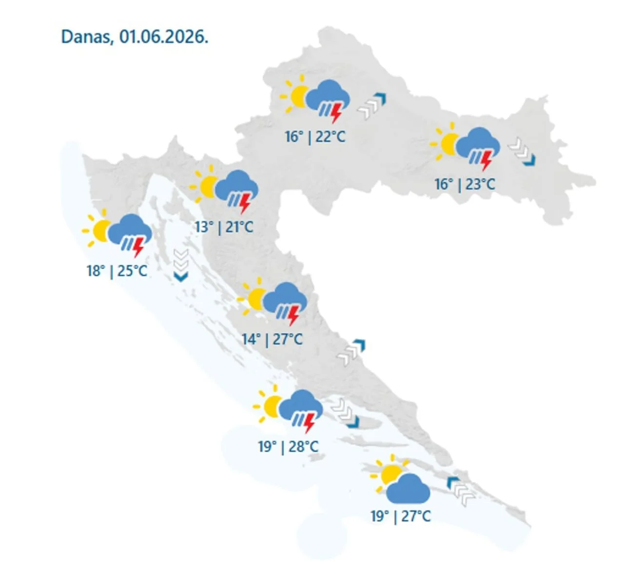 Karta Hrvatske s oznakama temperature i simbolima za kišu i grome