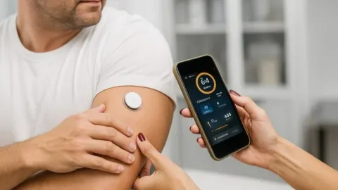 Muškarac sa senzorom za mjerenje šećera na ruci i pametni telefon s aplikacijom