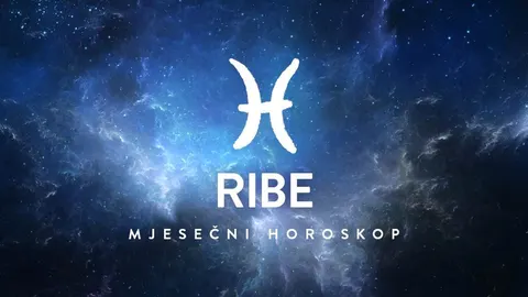 Zvijezdano plavilo s bijelim simbolom znaka Ribe i natpisom Mjesečni horoskop