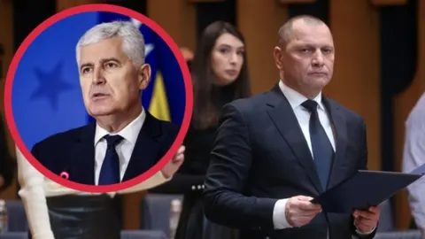 Kolaž s portretom Dragan Čovića u krugu i fotografijom Miletića u odelu