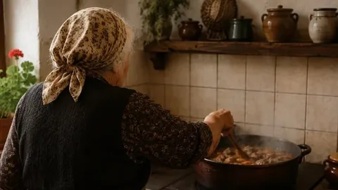 Starija žena u marami priprema meso u velikom loncu na laganoj vatri