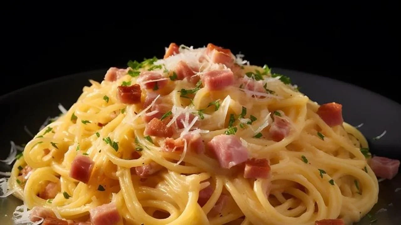 Tanjur tjestenine carbonara s komadićima slanine i sirom