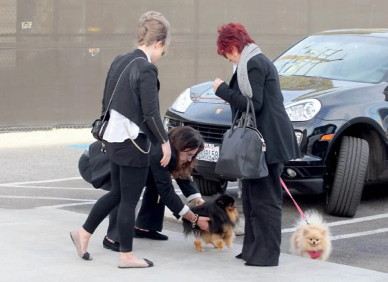Sharon Osbourne pored crnog automobila s malim psima