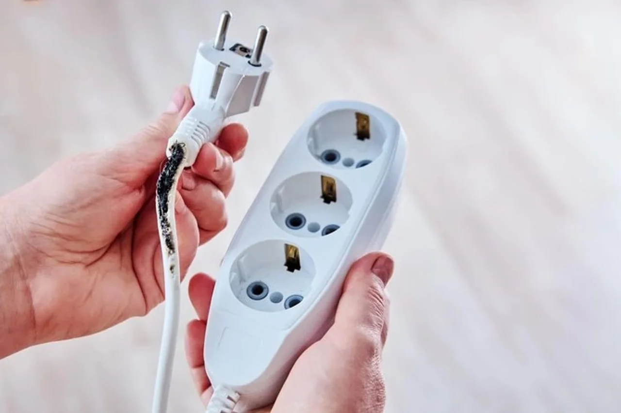 Ruke koje drže oštećen produžni kabel s spaljenom izolacijom