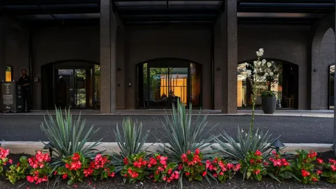 Ulaz u luksuzni hotel s modernim staklenim vratima i uređenim cvjetnim gredicama