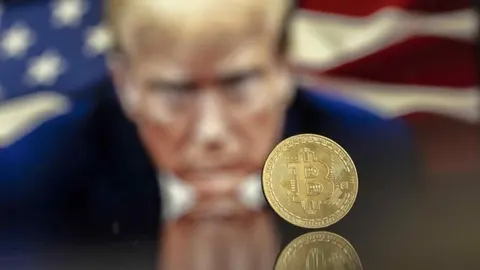 Zlatni Bitcoin novčić u prvom planu s zamućenim portretom Donalda Trumpa