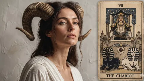 Žena s rogovima ovna pored tarot karte Kočije