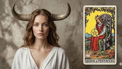 Žena s rogovima Bika pored tarot karte Kraljica pentakla
