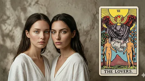 Dvije slične žene u bijelim haljinama pored tarot karte Ljubavnici