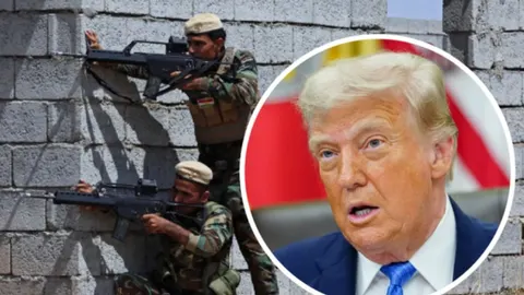 Kolaž s portretom Donalda Trumpa i kurdskih boraca s oružjem