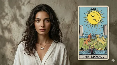 Žena s okovratnikom i tarot karta Mjesec pored nje