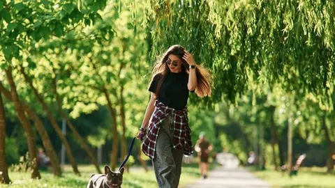 Žena u crnoj majici i trapericama šeta psa kroz sunčan park