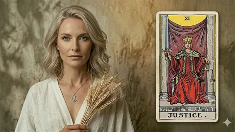 Plavooka žena u bijeloj odjeći s klasovima pšenice i Tarot kartom Pravde