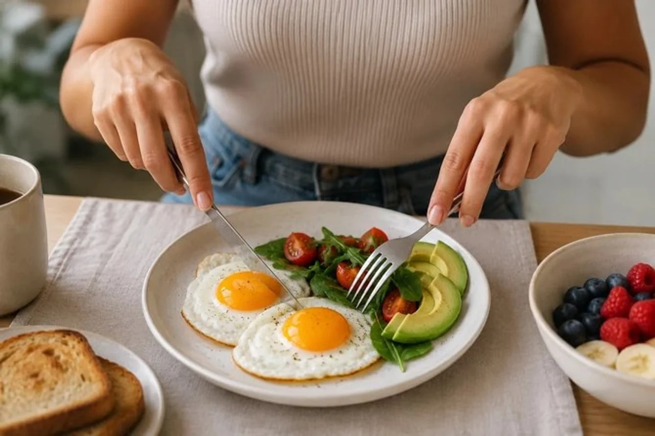 Tanjur s jajima na oko, avokadom i salatom uz tost i voće