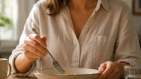 Žena u svijetloj košulji doručkuje iz zdjele pomoću vilice