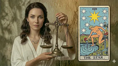 Žena u svijetloj odjeći drži zlatne vage pored tarot karte Zvijezda