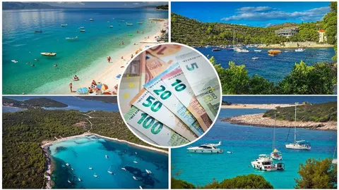 Kolaž slika hrvatskih plaža i uvale s novčanicama u eurima u sredini