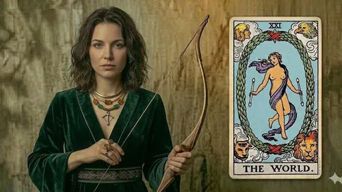 Žena u zelenoj haljini s lukom i tarot karta Svijet