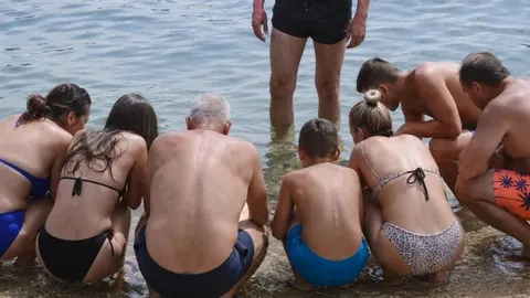 Grupa kupača čuči u plićaku i promatra nešto u vodi
