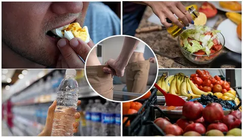 Kolaž slika koji prikazuje zdrave navike: jaje, salata, voda i svježe voće