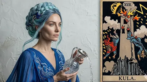 Žena s plavom kosom koja ulijeva vodu pored tarot karte Kula