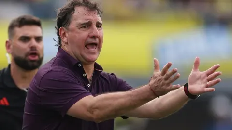 Néstor Lorenzo gestikulira rukama tijekom nogometne utakmice.