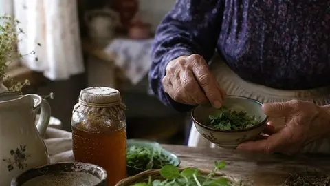 Ruke starije osobe koje pripremaju svježu mentu u zdjelici