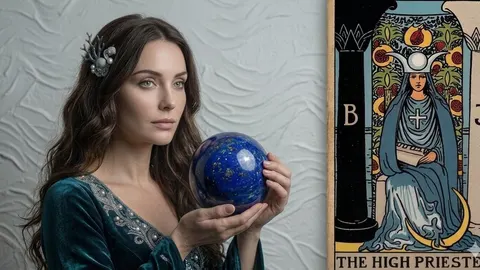 Žena s kristalnom kuglom pored tarot karte Visoka svećenica