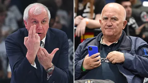 Kolaž s košarkaškim trenerom Željkom Obradovićem u odijelu i sportskoj jakni