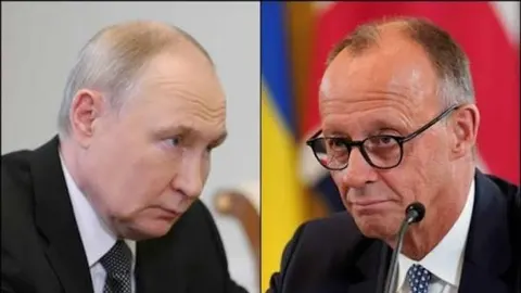 Kolaž s portretima Vladimira Putina i Friedricha Merza